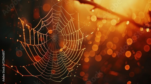  a close up of a spider web on a tree branch with water droplets on the spider's web, with a blurry background of yellow and orange lights.