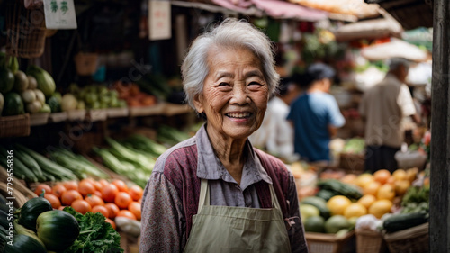 Portrait of happy elderly woman in shop selling organic produce, fresh organic farm vegetables and fruits at farmers market