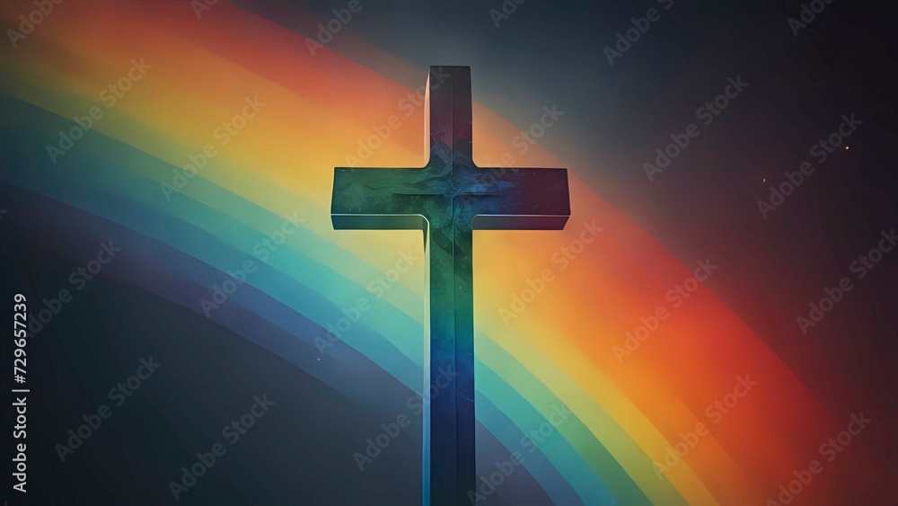 A Rainbow Christian Cross on a colorful background. AI generated.