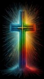 A Rainbow Christian Cross on a colorful background. AI generated.