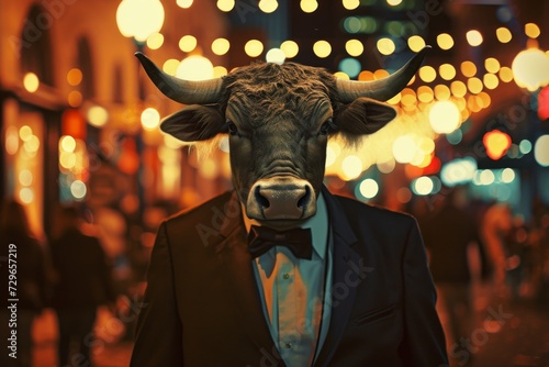 A sharply-dressed man stands confidently in the dark streets, embodying the strength and resilience of a bull