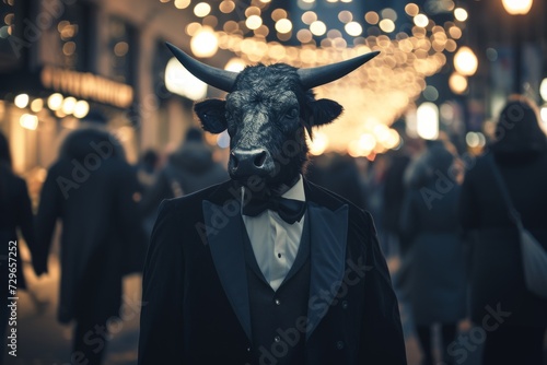 A mysterious man clad in a sleek suit and a black bull mask stands confidently amidst a bustling crowd on the city street, his enigmatic presence drawing curious glances and evoking a sense of intrig