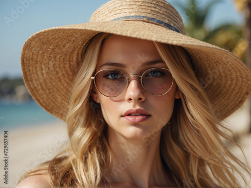 Optics for vision and fashion. A sexy girl looks at the camera on her glasses and a straw hat. Beautiful look through the frames close-up