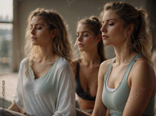 women doing yoga, group at meditation or yoga in sport clothes. Generative AI