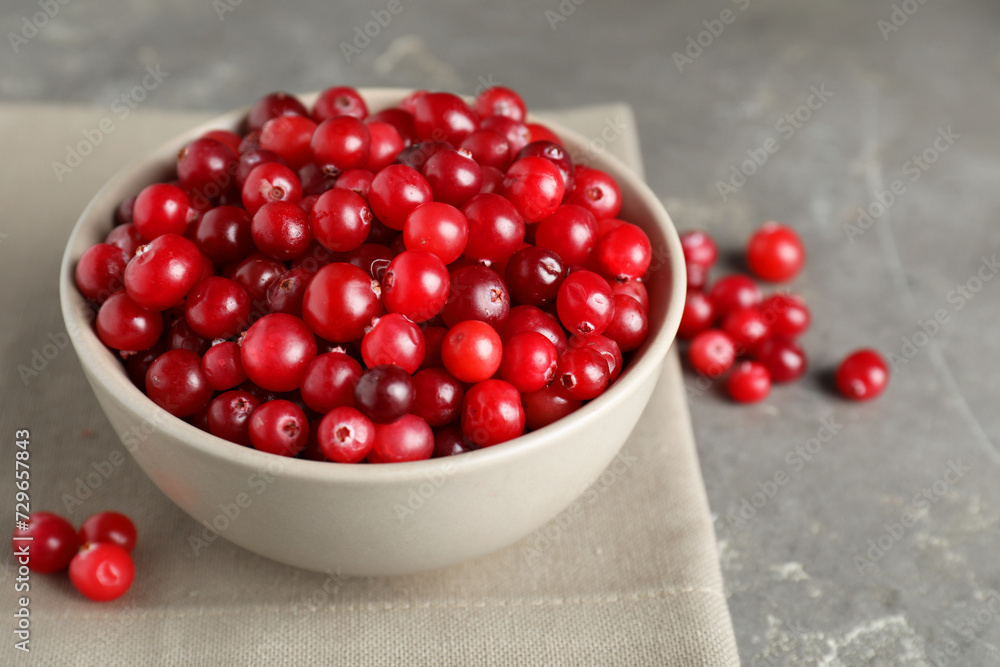 Cranberries in bowl on light grey table, closeup Cranberries in bowl on light grey table, closeup