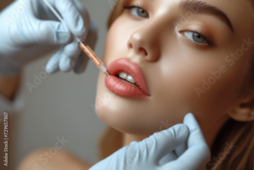 Lip Augmentation. Woman Getting Beauty Injection For Lips