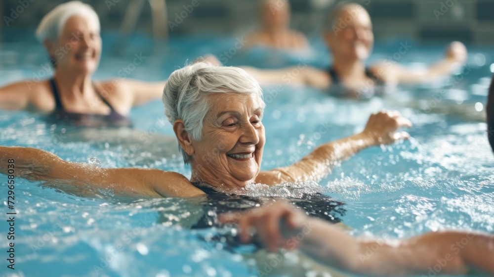 A group of elderly women gracefully glide through the water in their swim caps, showcasing the beauty and vitality of aging while partaking in the sport of swimming at an outdoor leisure centre A group of elderly women gracefully glide through the water in their swim caps, showcasing the beauty and vitality of aging while partaking in the sport of swimming at an outdoor leisure centre
