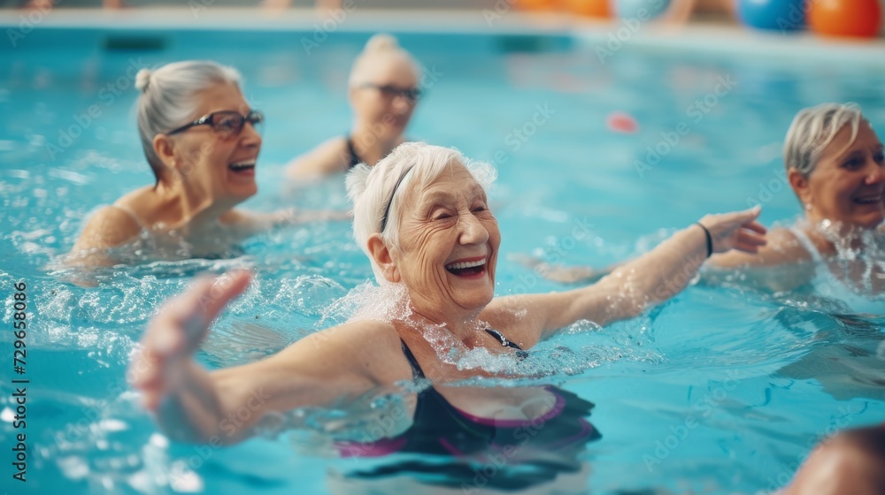 A dynamic group of women gracefully glide through the crystal blue water, their beaming faces and brightly colored swim caps adding to the lively atmosphere of this outdoor leisure centre A dynamic group of women gracefully glide through the crystal blue water, their beaming faces and brightly colored swim caps adding to the lively atmosphere of this outdoor leisure centre