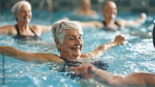 A group of elderly women gracefully glide through the water in their swim caps, showcasing the beauty and vitality of aging while partaking in the sport of swimming at an outdoor leisure centre