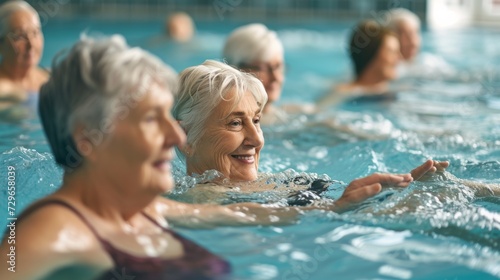 Silver-haired ladies glide gracefully through the shimmering water, their swim caps glistening in the sunlight at the outdoor leisure centre pool © ChaoticMind