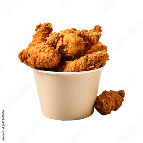 Tasty Fried Chicken Wings in a Bucket: Food Photography Mockup of Crunchy Pieces on a Plate, Side View, Isolated on Transparent Background, PNG