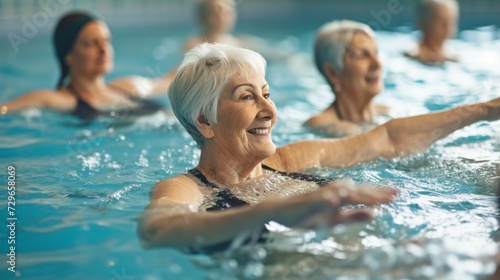 A group of lively older women enjoy their daily swim at the outdoor leisure centre, their swimwear and swim caps glinting in the sun as they relish the freedom and joy of being in the water © ChaoticMind