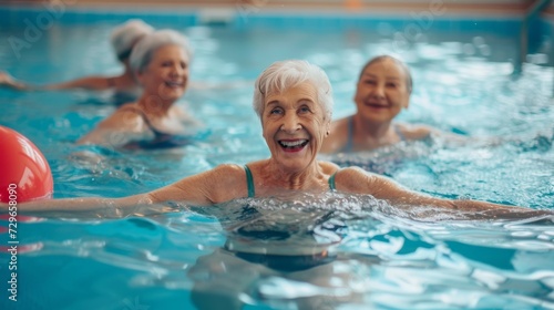A lively group of women in brightly colored swim caps enjoy a refreshing swim in the indoor pool at their local leisure center, showcasing the joy and camaraderie of water sports and summer fun © ChaoticMind