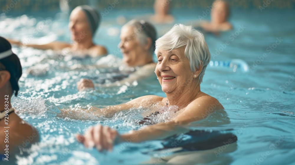 A vibrant group of elderly ladies revel in the joy of swimming and basking in the refreshing waters of an outdoor pool at their local leisure centre, their faces radiating with happiness and their sw A vibrant group of elderly ladies revel in the joy of swimming and basking in the refreshing waters of an outdoor pool at their local leisure centre, their faces radiating with happiness and their sw