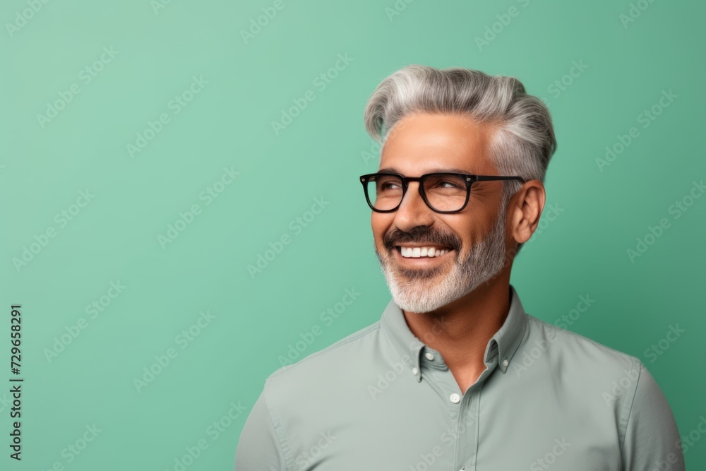 Portrait of handsome mature Indian man in eyeglasses looking at camera and smiling while standing against green background