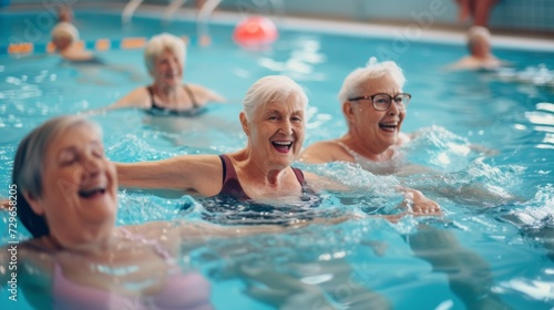 A group of vibrant, silver-haired ladies laughing and splashing in the refreshing pool of a bustling leisure center, showcasing their athletic prowess through a lively game of water polo © ChaoticMind