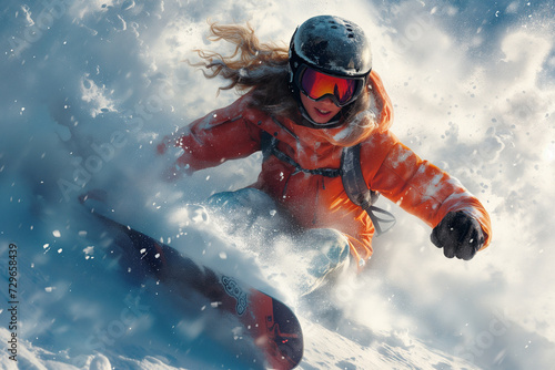 Female snowboarder rocking the slopes on a sunny morning