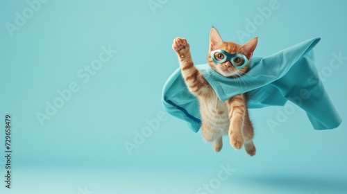 A daring feline superhero donning a vibrant blue cape and protective goggles, ready to take on any adventure © ChaoticMind
