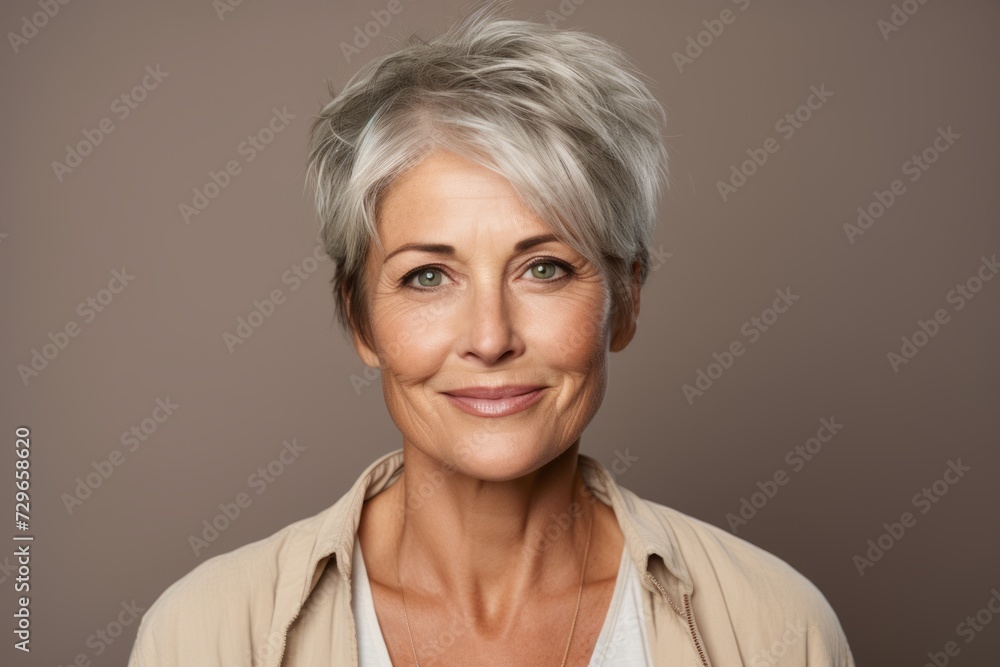 Portrait of a beautiful senior woman smiling at the camera, over grey background Portrait of a beautiful senior woman smiling at the camera, over grey background