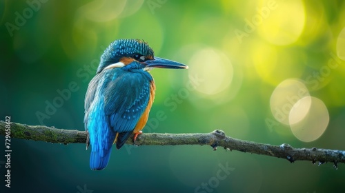 Adorable colorful bright kingfisher with blue feathers sitting on thin branch against green background in nature photo