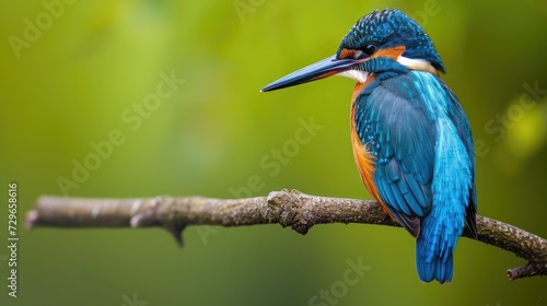 Adorable colorful bright kingfisher with blue feathers sitting on thin branch against green background in nature