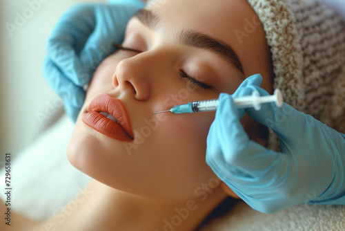 Beautiful woman on procedure in beauty clinic. Filler injection. Doctor in purple gloves make injection in nasolabial fold.