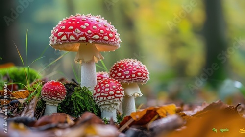 Amanita muscaria or  fly agaric  is a red and white spotted poisonous Toadstool Mushroom. Group of fungi in a autumn season forest