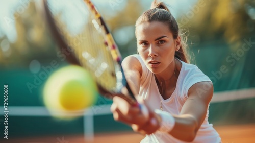 A determined woman showcases her athletic prowess as she hits a tennis ball with her racket on a sunny outdoor court, embodying the grace and strength of the racquet sport while wearing her stylish t © ChaoticMind
