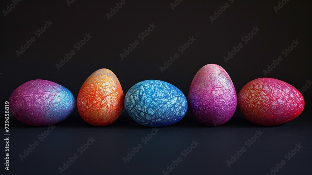 a row of painted eggs sitting in a row on top of a black surface with one egg in the middle of the row and the other in the same row. a row of painted eggs sitting in a row on top of a black surface with one egg in the middle of the row and the other in the same row.