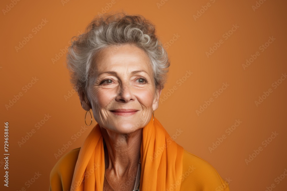 Portrait of happy senior woman in orange scarf on orange background. Portrait of happy senior woman in orange scarf on orange background.