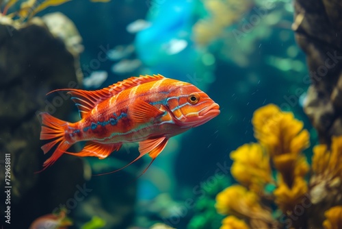 An elegant marine creature glides through its underwater world, surrounded by colorful coral reefs and illuminated by the gentle glow of aquarium lighting