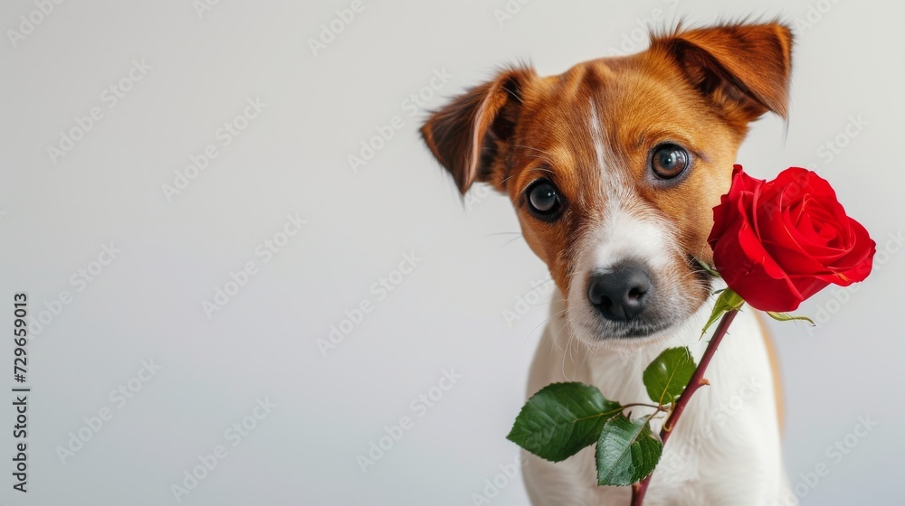 A majestic white and brown dog, of an unknown breed, stands proudly outdoors, holding a vibrant red rose bud in its mouth, exuding a sense of grace and beauty A majestic white and brown dog, of an unknown breed, stands proudly outdoors, holding a vibrant red rose bud in its mouth, exuding a sense of grace and beauty