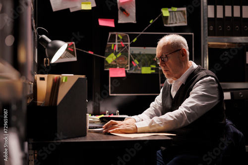 Tired elderly investigator analyzing criminology report, working overhours at criminal case in arhive room. Overworked private detective checking victim files, looking at crime scene evidence