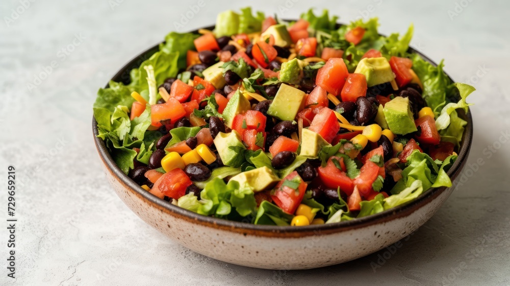 a salad with black beans, avocado, tomatoes, corn, and lettuce in a brown and white bowl on a white tablecloth with a white background. a salad with black beans, avocado, tomatoes, corn, and lettuce in a brown and white bowl on a white tablecloth with a white background.