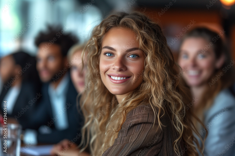 Diverse office colleagues laughing together during a meeting Diverse office colleagues laughing together during a meeting