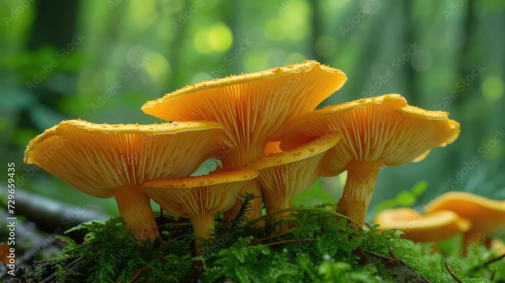 Edible mushrooms. Close up of chanterelle mushrooms in a forest Edible mushrooms. Close up of chanterelle mushrooms in a forest