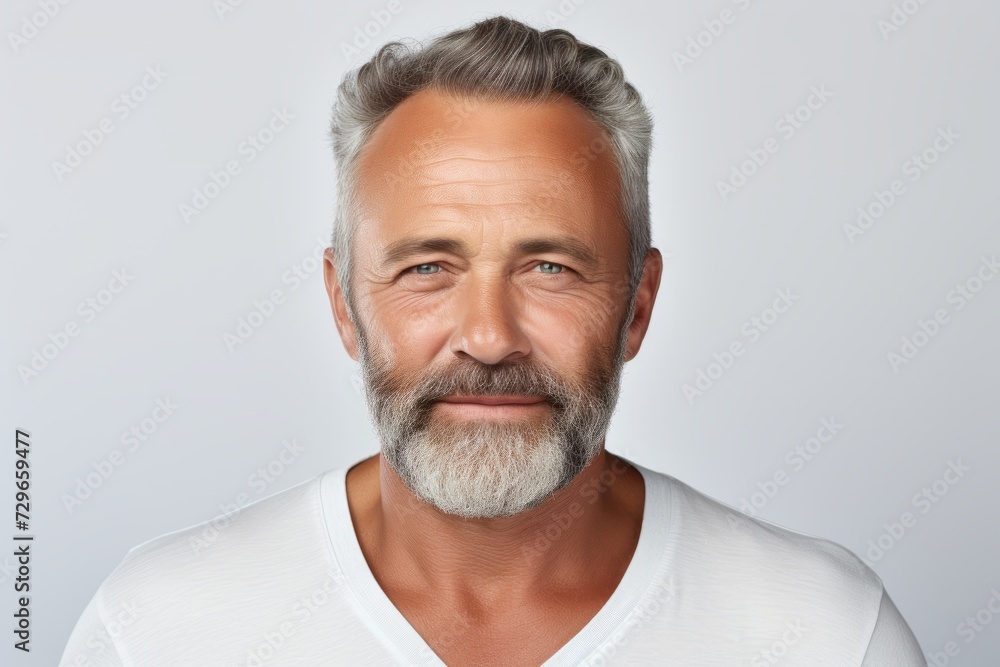 Handsome mature man with grey beard and mustache on grey background Handsome mature man with grey beard and mustache on grey background