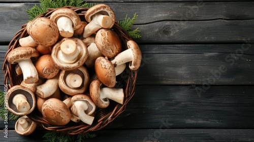 Different fresh wild mushrooms in wicker bowl on black wooden table, top view