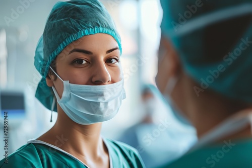 A doctor in a cap and mask talks to nurse against the background of a bright hospital room