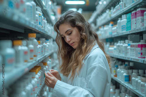 Portrait of a dedicated female pharmacist taking a medicine from the shelf, while wearing eyeglasses and lab coat during work in a modern drugstore with various pharmaceutical products