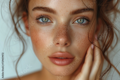 Beautiful young woman with clean perfect skin. Portrait of beauty model with natural nude make up and touching her face. Spa, skincare and wellness. Close up,