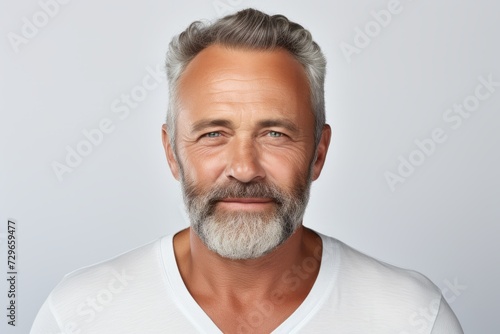 Handsome mature man with grey beard and mustache on grey background