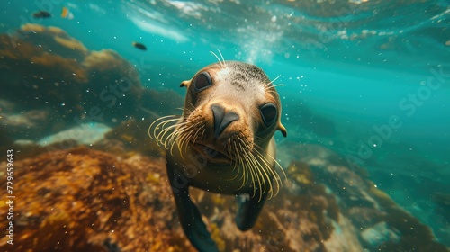 Galapagos fur seal swimming at camera in tropical underwaters. Lion seal in under water world. Observation of wildlife ocean. Scuba diving adventure © buraratn