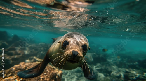 Galapagos fur seal swimming at camera in tropical underwaters. Lion seal in under water world. Observation of wildlife ocean. Scuba diving adventure
