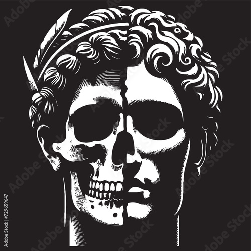 Human skull half statue in the form of ancient art, black silhouette