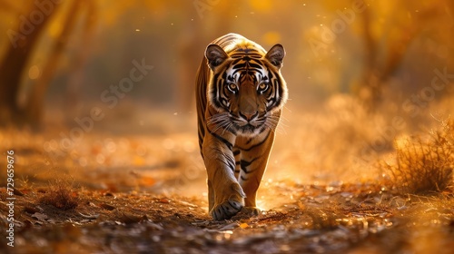 Great tiger male in the nature habitat. Tiger walk during the golden light time. Wildlife scene with danger animal. © buraratn