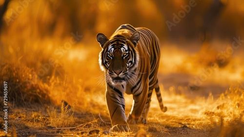 Great tiger male in the nature habitat. Tiger walk during the golden light time. Wildlife scene with danger animal.