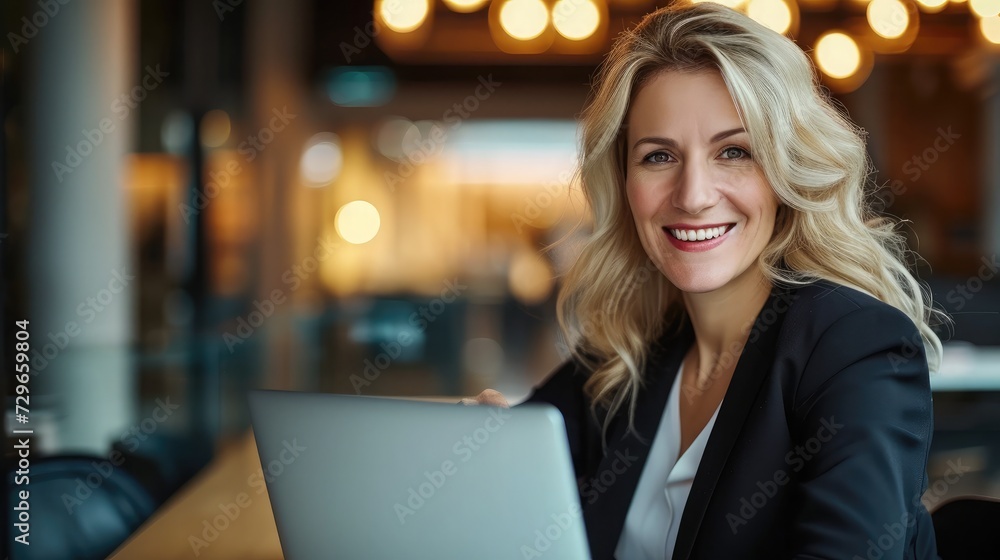 Happy mature business woman entrepreneur in office using laptop at work, smiling professional middle Happy mature business woman entrepreneur in office using laptop at work, smiling professional middle