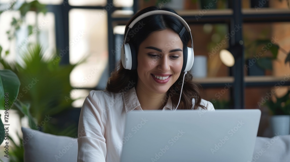 Head shot happy young indian ethnicity female manager wearing wireless headphones, looking at laptop screen, holding pleasant conversation with partners clients online Head shot happy young indian ethnicity female manager wearing wireless headphones, looking at laptop screen, holding pleasant conversation with partners clients online