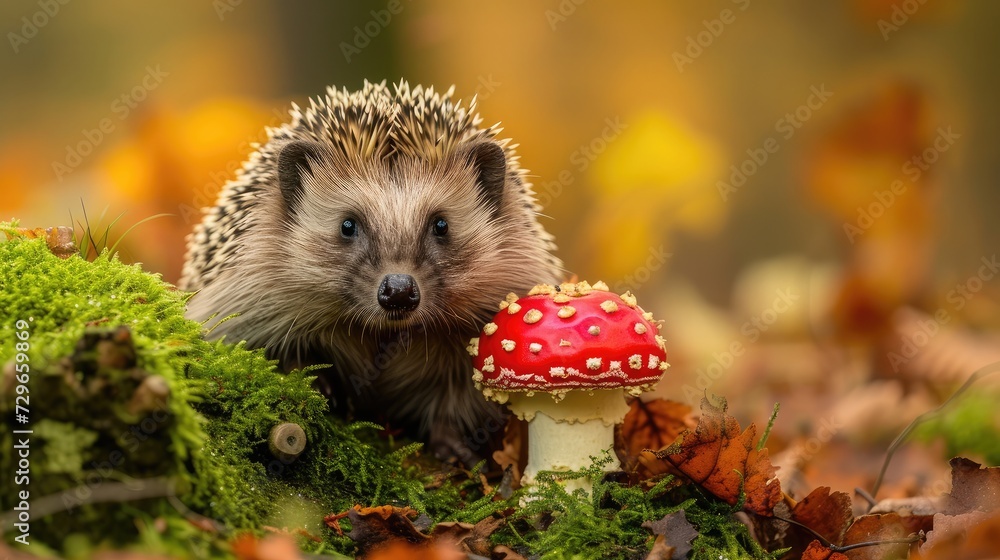 Hedgehog, native, European hedgehog with red Fly Agaric toadstool, and green moss. Facing forward. Autumn or fall. Close up. Horizontal. Space for copy Hedgehog, native, European hedgehog with red Fly Agaric toadstool, and green moss. Facing forward. Autumn or fall. Close up. Horizontal. Space for copy